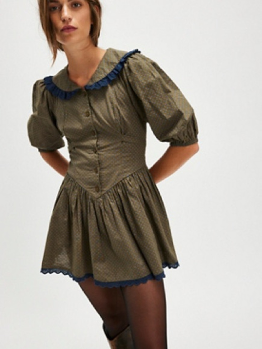 Free People Need To Know Mini Dress Size 4 Hunter Green & NavyRuffle Collar Boho